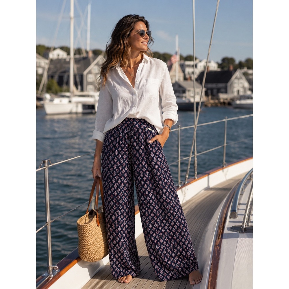 World of Gypsies Navy Blue Floral Medallion Wide Leg Palazzo Pants Womens Medium